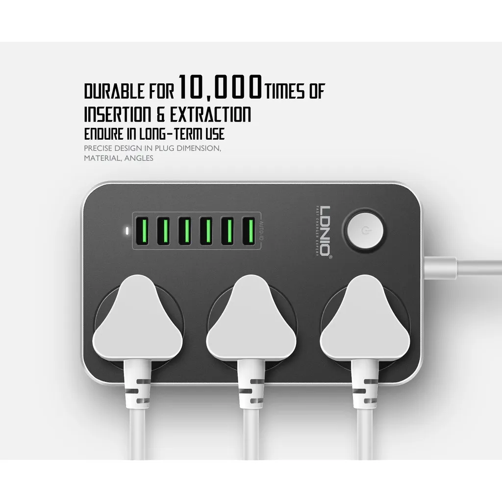 LDNIO SK3662 with 3 UK sockets and Singapore Safety Mark certified