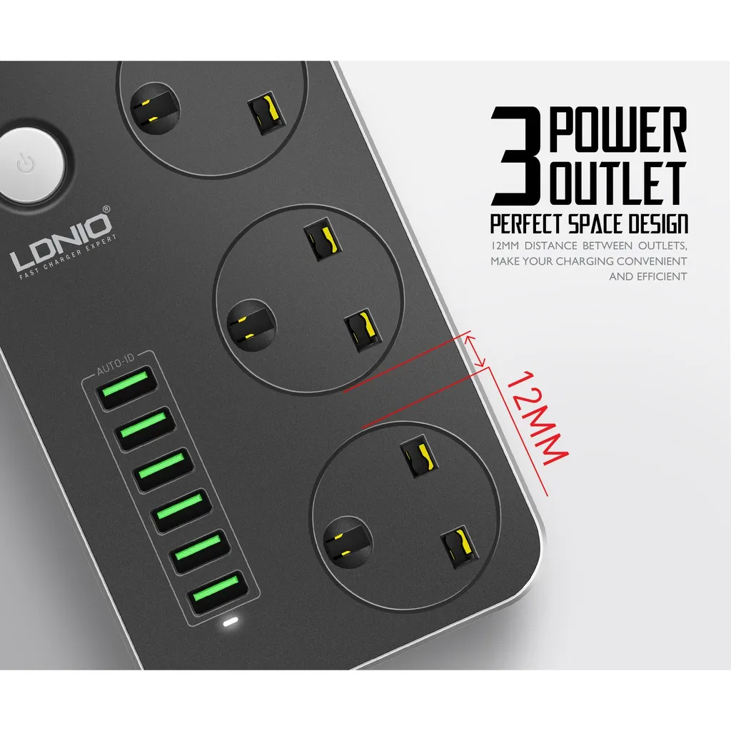 LDNIO SK3662 power strip showing power switch and ports